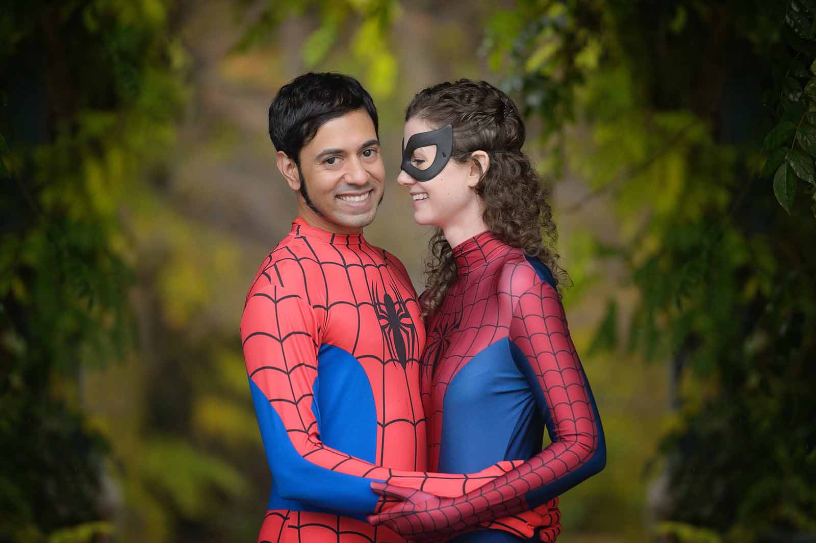 Couple on their wedding day dressed as Spiderman