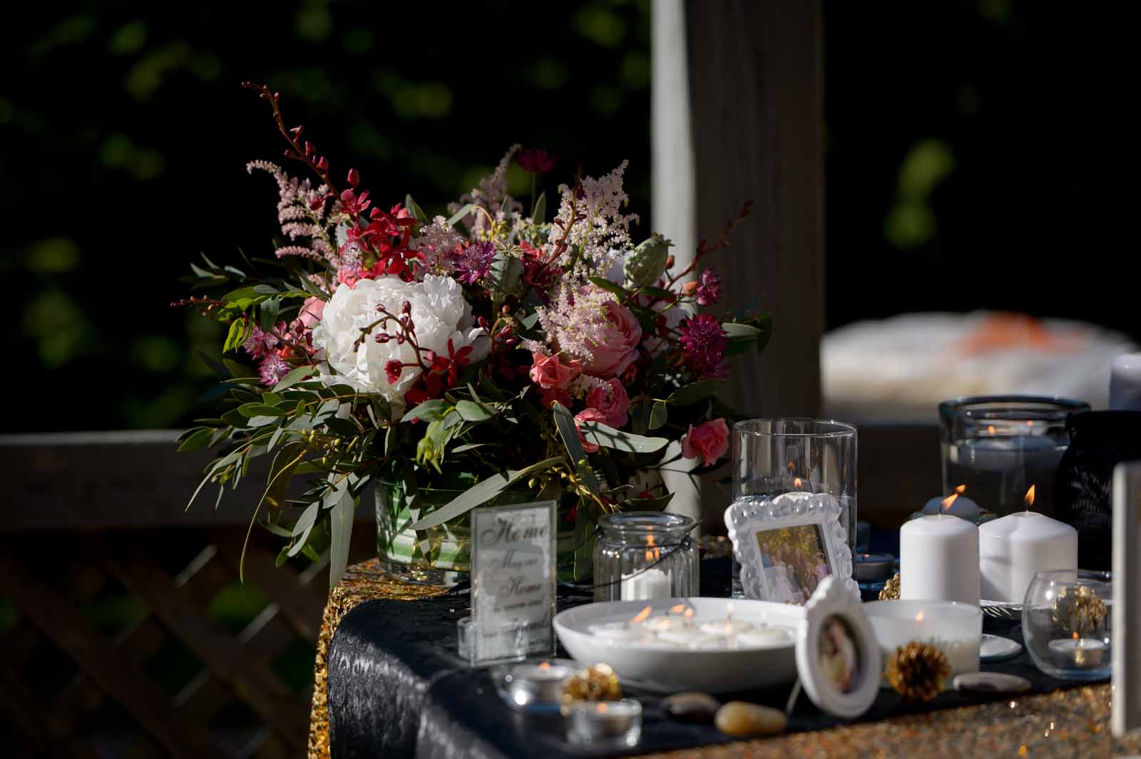 Beautiful bouquet on a styled table at a wedding reception