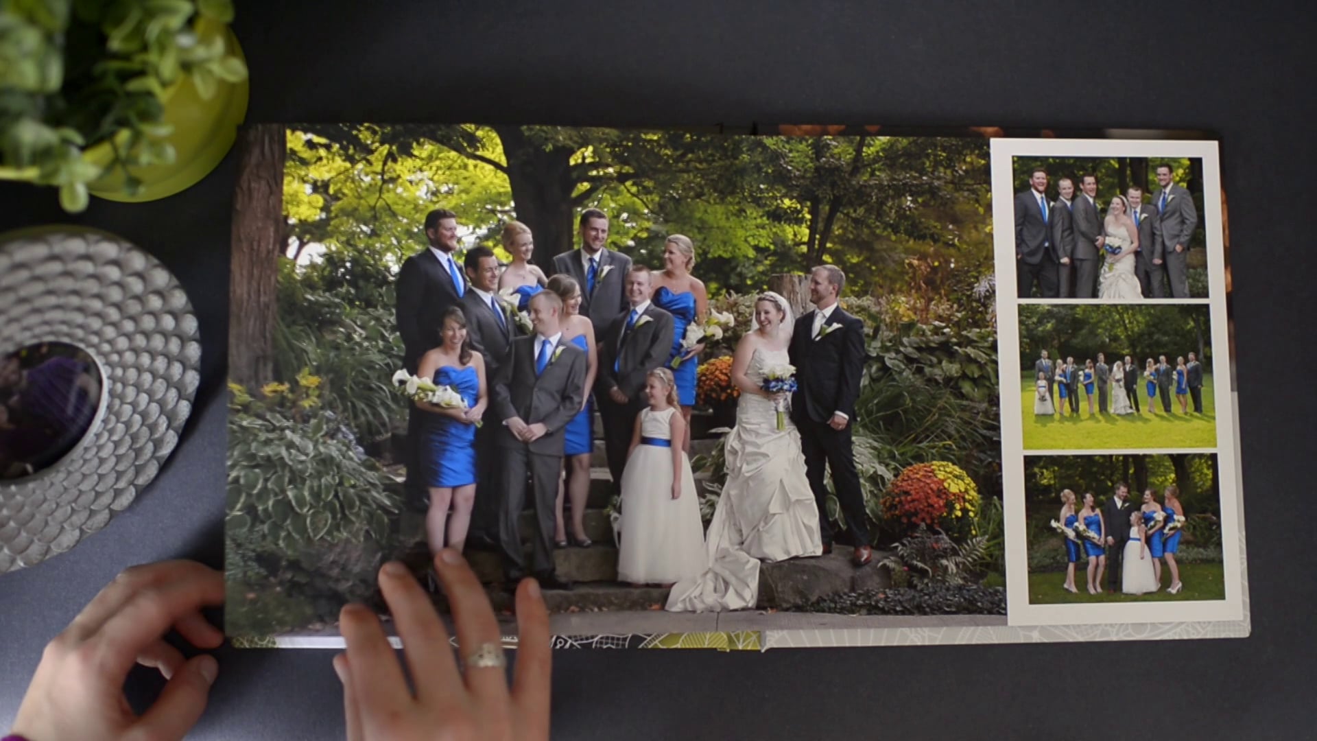 Press to watch a full wedding album flip-through
